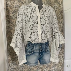 BCBG Maxazria Long Bell Sleeve Lace Button Up, L